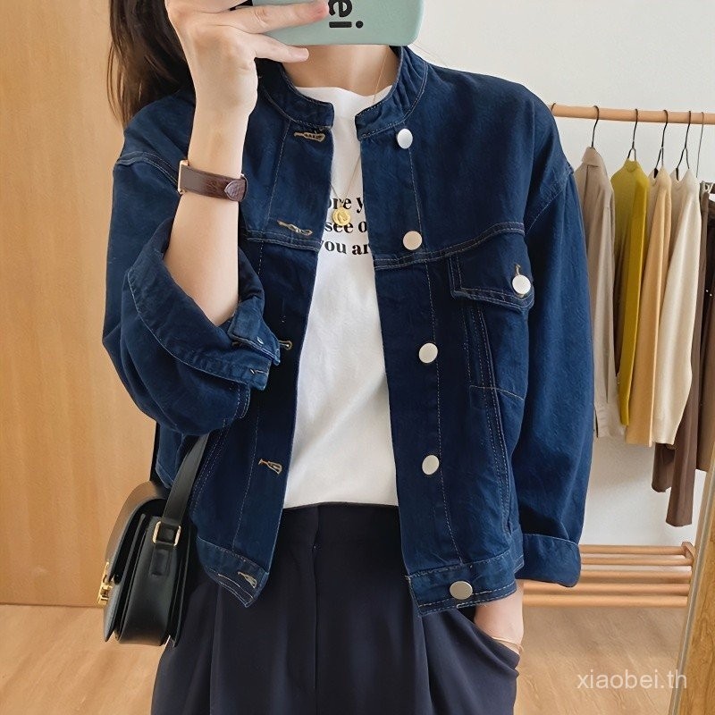 เสื้อคลุมยีนส์สไตล์เกาหลีแนววินเทจสีน้ำเงินเข้มทรงหลวมแมทช์ลุคง่ายเสื้อ