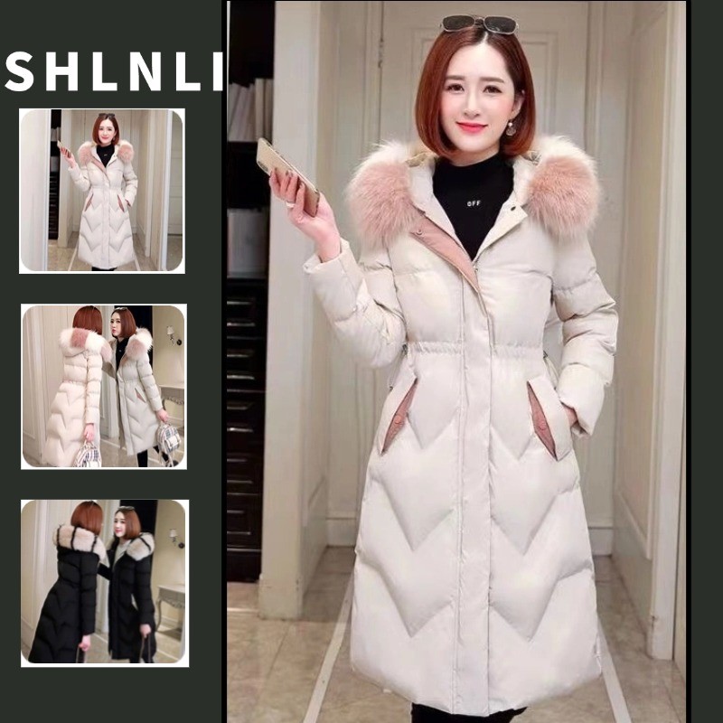 ฤดูหนาวผู้หญิงเกาหลีเอว Cinched หนา Warm Fur Collar กลางความยาวกว่าเข่าเสื้อแจ็คเก็ตผ้าฝ้าย