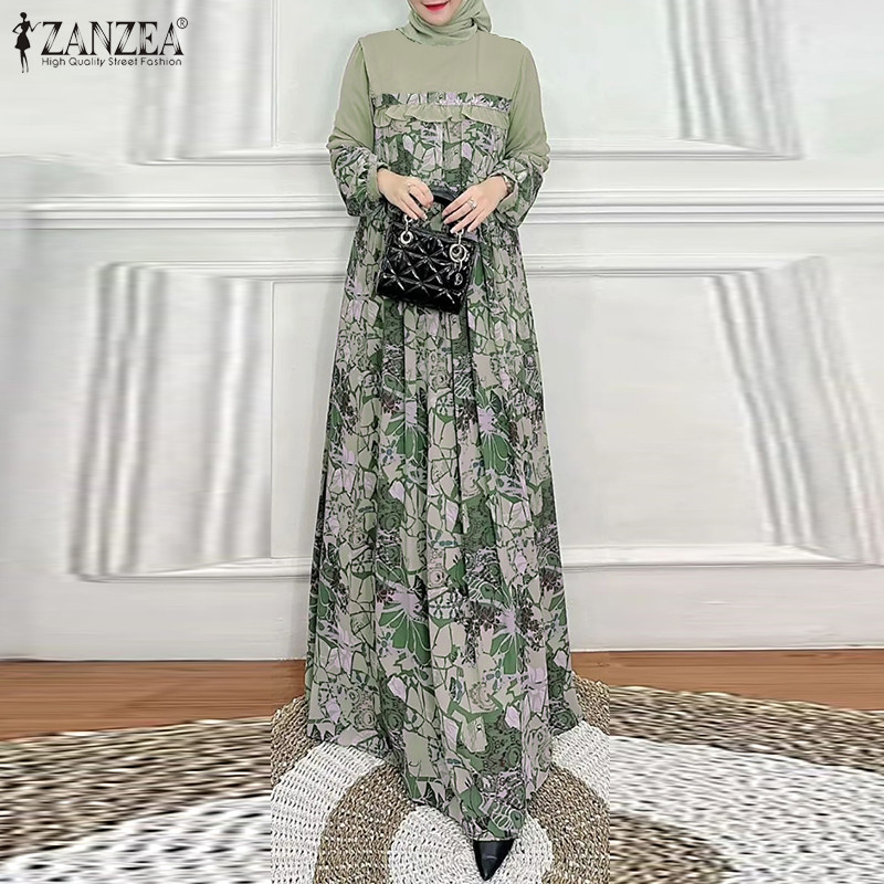 ZANZEA ใส่ ซานเซีย ผู้หญิงมุสลิม โอ-คอ รัฟเฟิล พิมพ์ชุดหลวมแขนยาวสี