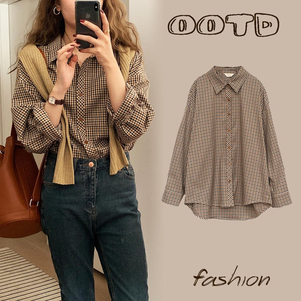 KOKO#เสื้อเชิ้ตโปโลคอปกลายสก๊อตย้อนยุคผู้หญิงเสื้อเชิ้ตแขนยาวหลวมสไตล์เกาหลีสีน้ำตาล เสื้อน่ารักๆ ผู้หญิง #w505