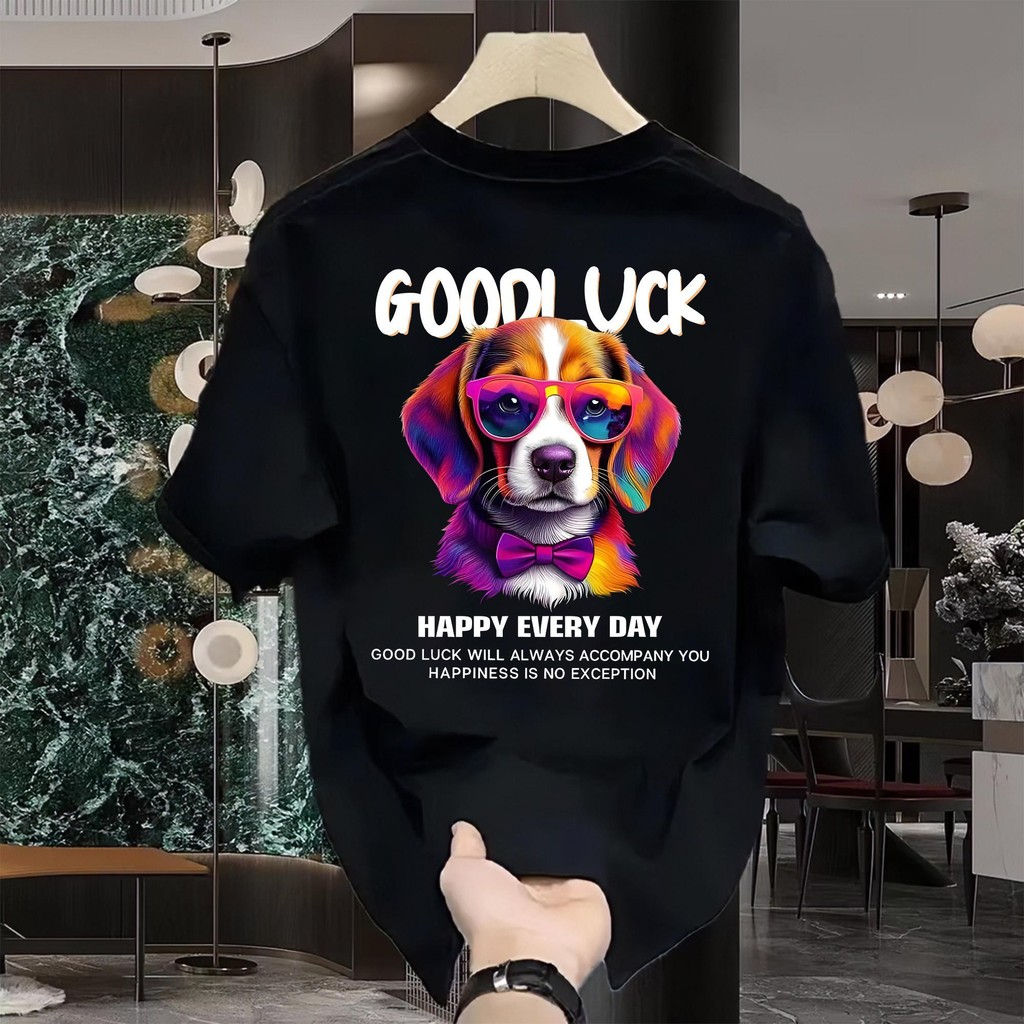 Basi เสื้อยืด oversize unisex สกรีนหน้าหลัง ลาย "GOODLUCK DOG" ผ้าคอตตอน100% ใส่สบาย แนวสตรีท ฮิปฮอป