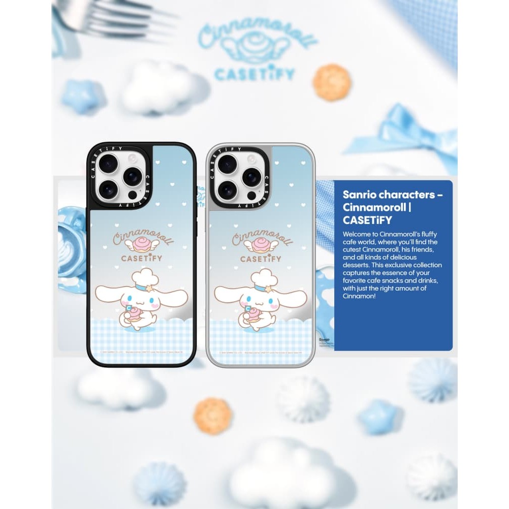 Casetify X ตัวละคร Sanrio - Chef Cinnamoroll CaseMagnetic ดูด Black & Sliver เคส IPhone IPhone 16 15 14 13 12 Pro Max Plus เคสหลังแข็งพร้อมโลโก้แกะสลักกล่อง