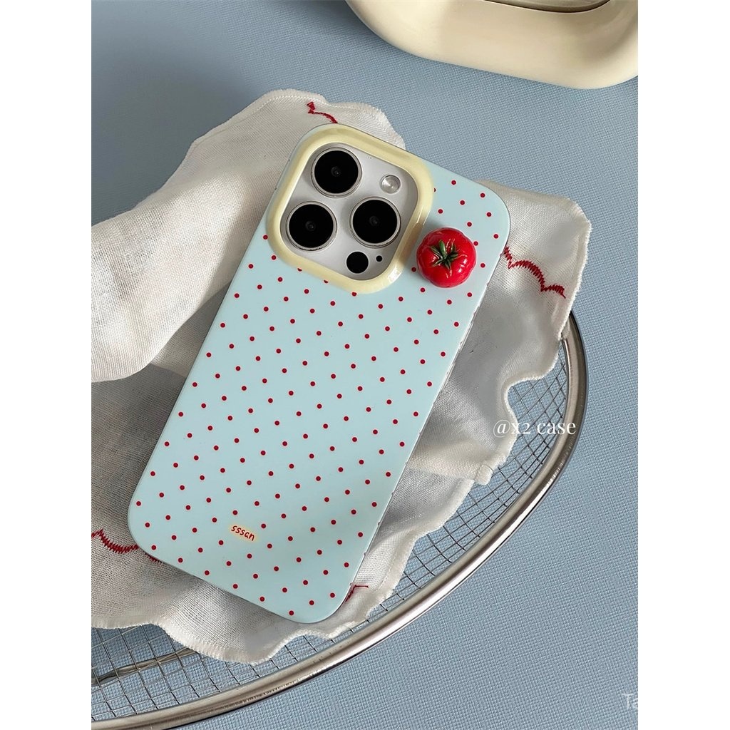 เคสโทรศัพท์มือถือสำหรับ iPhone 7 8 x XS XR xsmax 11 12 13 14 15 16 Pro Max PLUS INS พื้นสีน้ำเงินลายจุดสีแดงสามมิติมะเขือเทศขนาดเล็กเคสนิ่มแบบคลุมทั้งเครื่องกันกระแทกเคสป้องกันการกระแทกเคส jytr