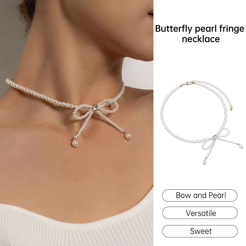 besla.thWomen แฟชั่นอินเทรนด์สร้อยคอพู่มุกอารมณ์สร้อยคอ Super Fairy Bow Clavicle Chain