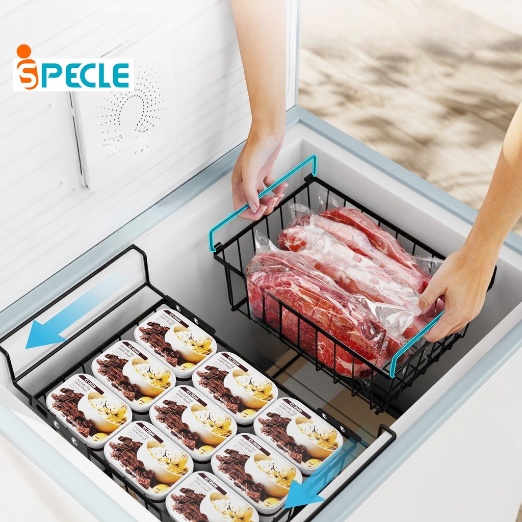 iSPECLE【สำหรับตู้แช่แข็งลึก 140L】4Pack ชั้นตู้แช่ ซ้อนกันได้ พร้อมที่จับ ชั้นจัดเก็บในครัว จัดเรียงและจัดเก็บอาหารแช่แข็ง