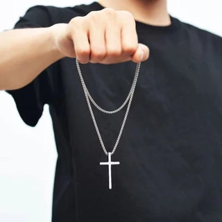 สร้อยคอ TY จี้ไม้กางเขนไร้สี เงิน เครื่องประดับสำหรับผู้ชายและผู้หญิง พร้อมโซ่กล่องสแตนเลส