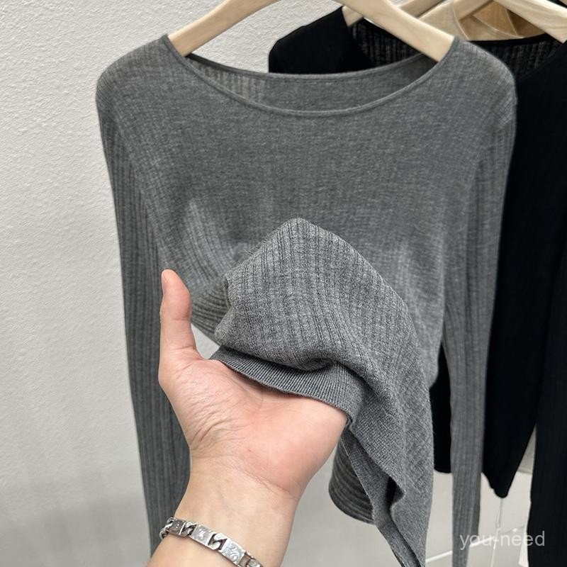 เสื้อไหมพรมผู้หญิงเสื้อถักเสื้อถักเสื้อถักคอกลมลายหลุมแขนยาวเสื้อถักเสื้อตัวในเข้ารูปสำหรับฤดูใบไม้ร่วงและฤดูหนาว
