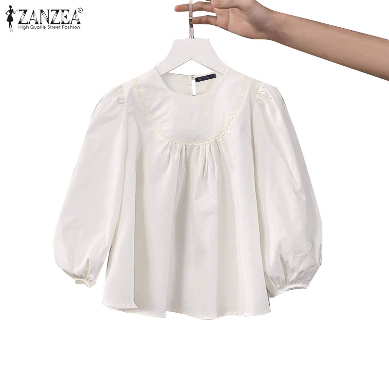Zanzea เสื้อเบลาส์ผ้าเย็บปะติดปะต่อกันคอกลมลําลองเกาหลีสําหรับผู้หญิง