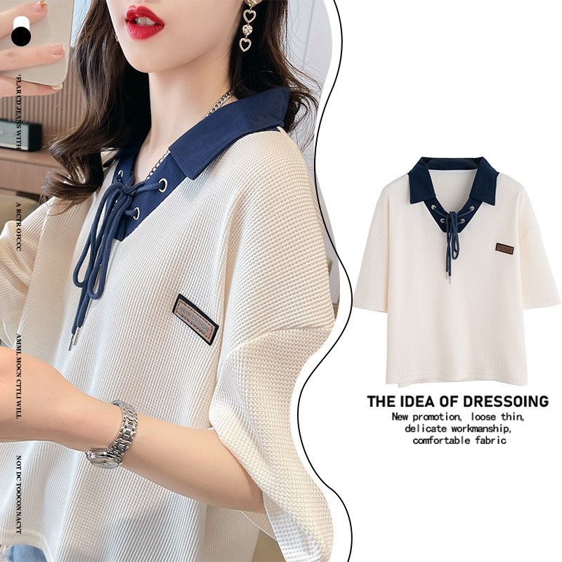 พลัสขนาดผ้าฝ้ายวาฟเฟิลแขนสั้นเสื้อโปโลสำหรับผู้หญิงฤดูร้อนใหม่สาวอ้วนออกแบบหลวม TOP