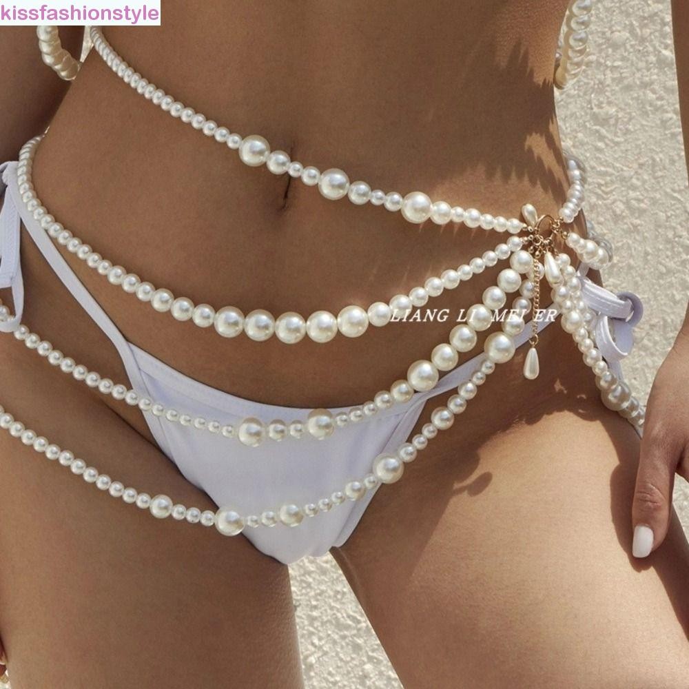 Kissfashionstyle Multilayer Pearl เอว, เข็มขัด Y2K เครื่องประดับเข็มขัดมุก, หรูหราสไตล์เกาหลี All-match พู่ Belly Chain Lady