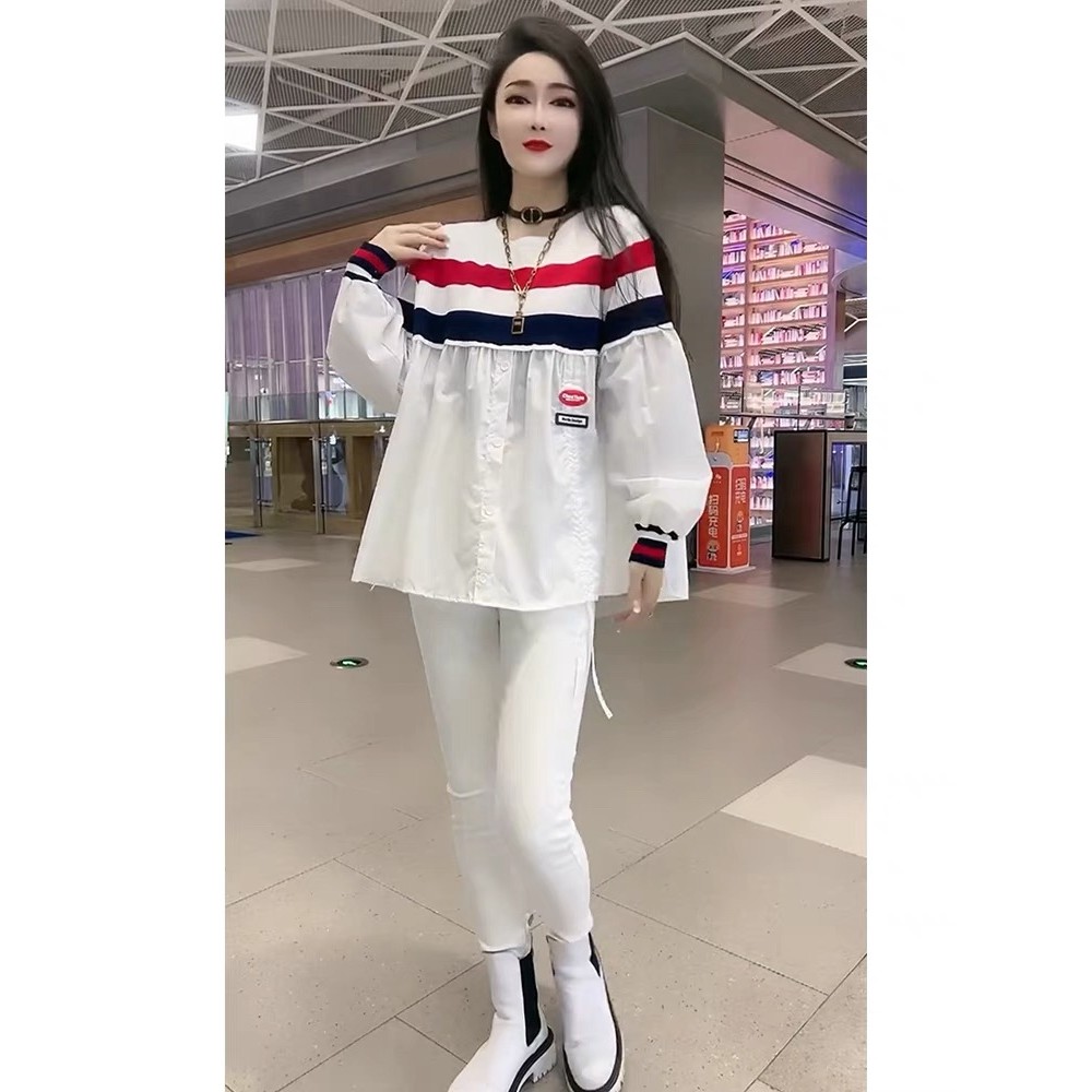 เสื้อผ้าผู้หญิงแบบใหม่ที่นิยมในโลกออนไลน์ฤดูใบไม้ร่วงแฟชั่นลำลองลายทางสีตัดกันเย็บหลวมเสื้อลำลองแขนยาวทอสวัสดีเรา hx0l