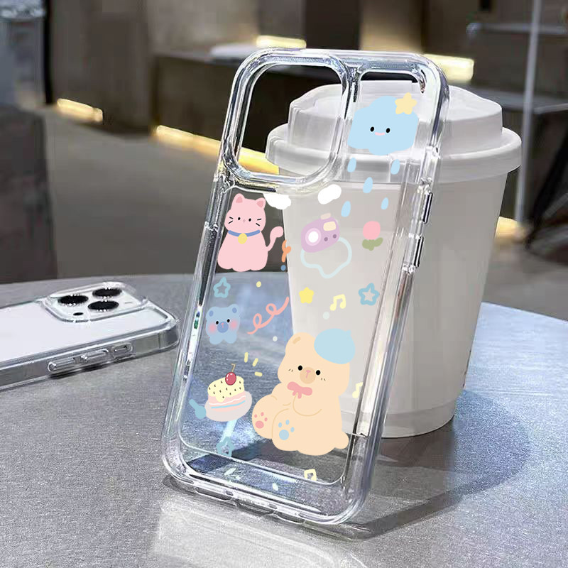 TPU ปุ่มโลห เข้ากันได้สำหรับ เคสไอโฟน11 iphone 16 11 15 Pro Max 14 pro max 13 12 XR XS 7plus 8 ส่งจากไทย หมีน่ารัก