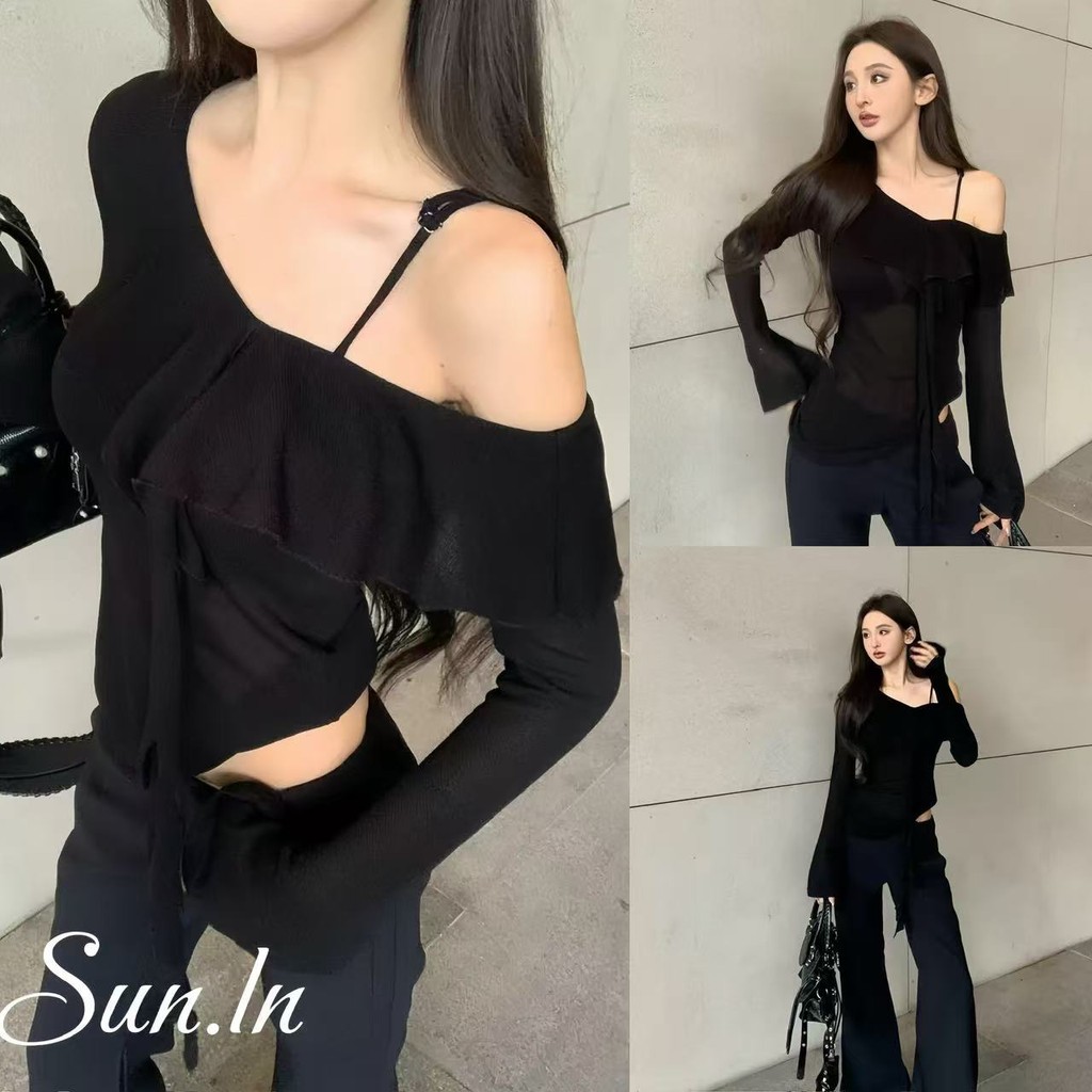 SUN พร้อมส่ง เสื้อยืดปิดไหล่แขนยาวน่าระทึกใจเสื้อปิดไหล่เพรียวบางใหม่ เสื้อยืดแขนยาวเซ็กซี่ของผู้หญิง