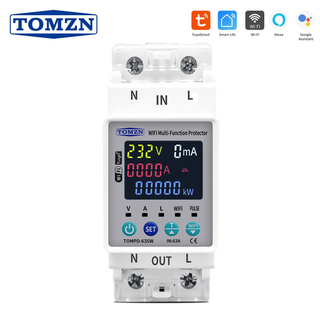 Tomzn 63A 110V 230V WIFI Smart Switch smartlife Kwh Metering Circuit Breaker Timer พร้อมระบบปรับแรงดันไฟฟ้าและป้องกันการรั่ว