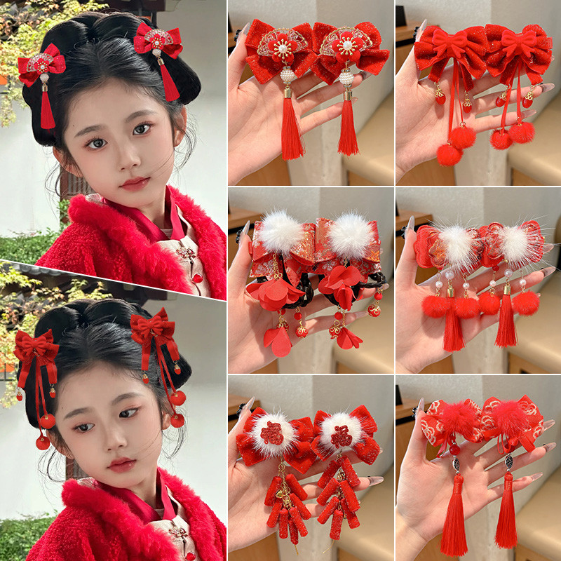 กิ๊บติดผมพู่โบว์สไตล์จีนผู้หญิงสไตล์โบราณปีใหม่เครื่องประดับผมสีแดง