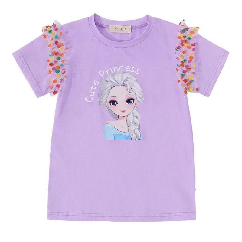 ฤดูร้อนเด็กเด็กสาวแฟชั่นทุกการแข่งขันสีลายจุดการ์ตูนเสื้อยืดน่ารักเจ้าหญิงด้านบนแขนสั้นอินเทรนด์