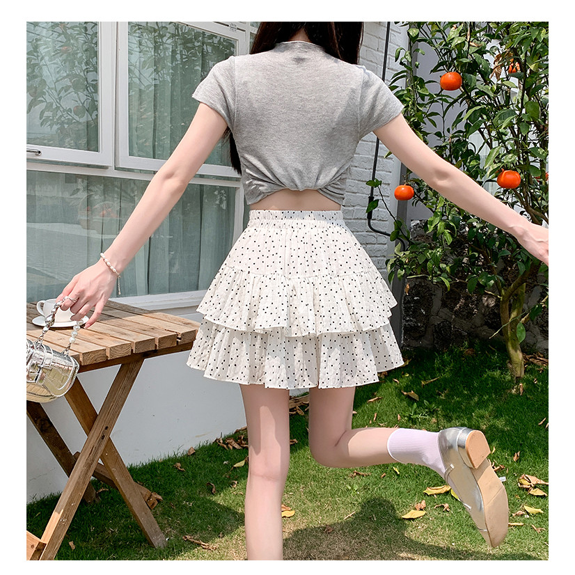 GHAOHES กระโปรงสั้นทรงเอ-ไลน์เอวสูง กระโปรงทรงเค้กลายจุดสามสี น่ารักสไตล์เกาหลี2033 - รูปที่ 2