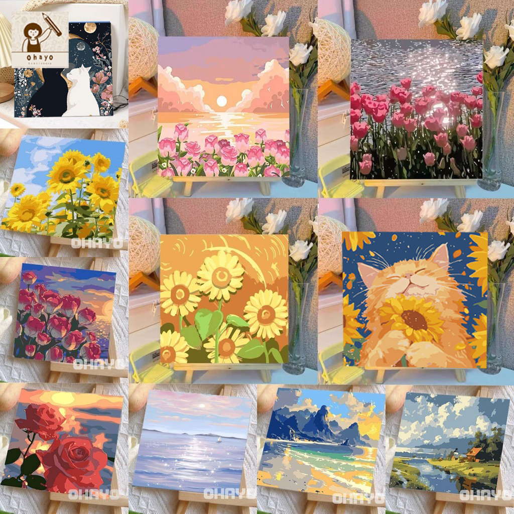 Ohayo [มีเฟรม] 20*20 ซม ระบายสีตามตัวเลข ภาพวาดตกแต่งอะคริลิก ของเล่นวาดภาพ ของข