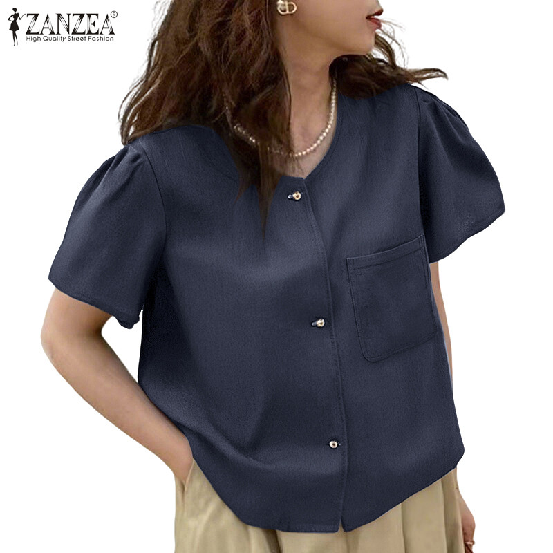 ZANZEA เสื้อเบลาส์แขนสั้นคอกวีสไตล์เกาหลีสำหรับผู้หญิง