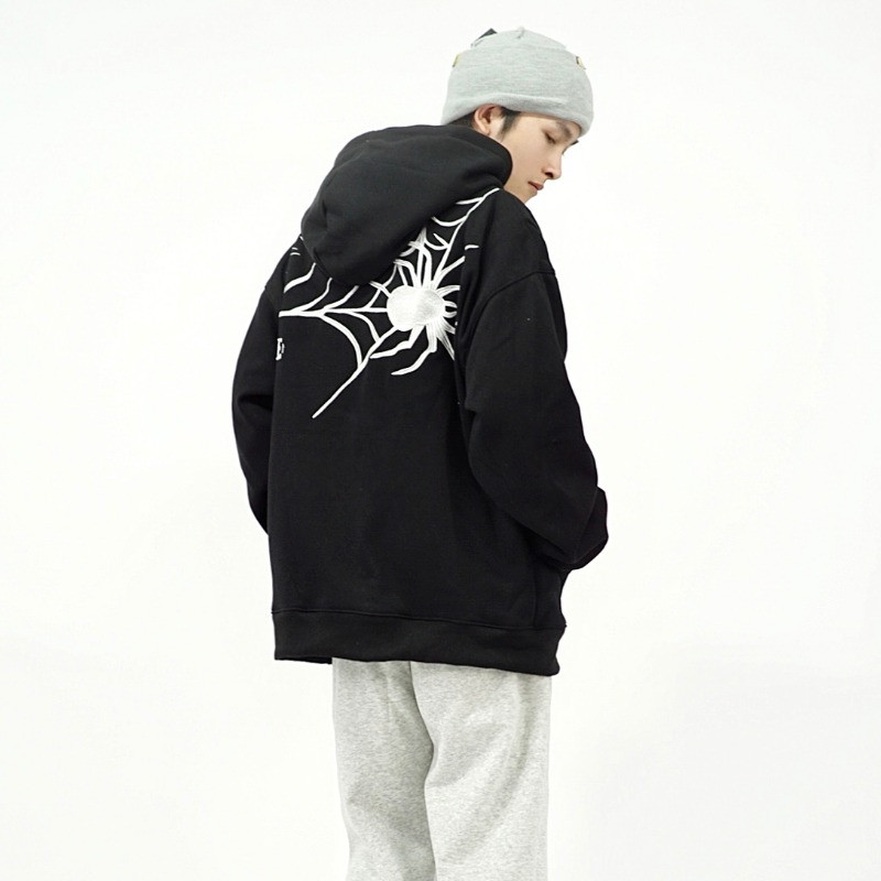 M-8XL American High Street Spider พิมพ์เสื้อแขนยาวHoodieสําหรับชายอินเทรนด์และแฟชั่นหลวมและบางขนาดให