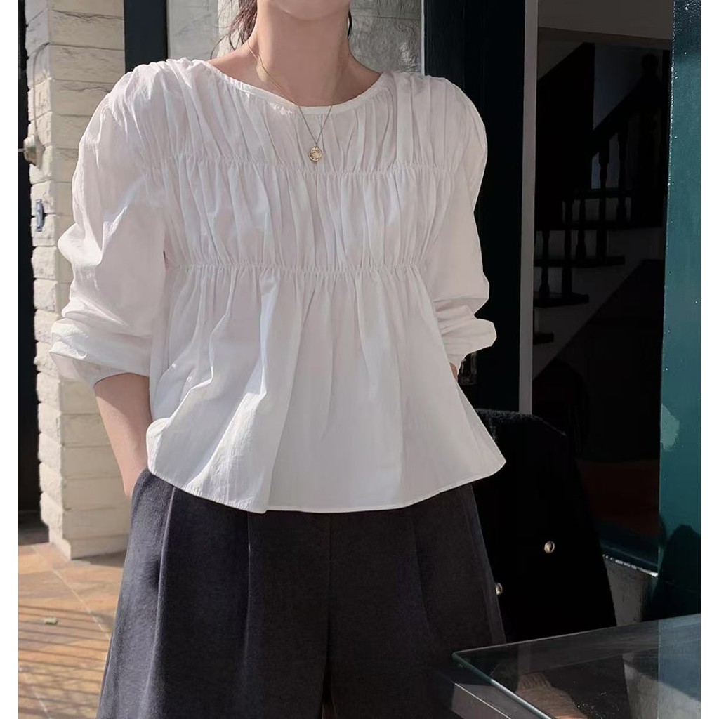 เกาหลีเกาหลีรอบคอจีบหลวมเสื้อแขนยาวผู้หญิงถักเล็บของเราGDC1