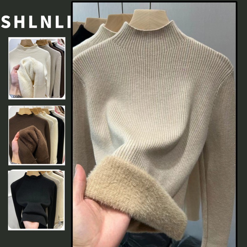 เสื้อกันหนาวสำหรับผู้หญิง สไตล์เกาหลี กึ่งคอสูง แขนยาว ถักหนา พร้อมกํำมะหยี่ เหมาะสำหรับฤดูหนาว