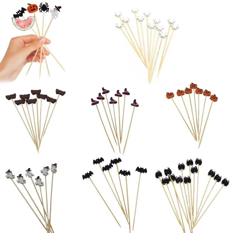 [หิมะ] 100ชิ้นฮาโลวีนฟักทองไม้ไผ่เสียบไม้ส้อมผลไม้บุฟเฟ่ต์ขนมไม้จิ้มฟันค็อกเทลติดผีค้างคาวตกแต่งฮาโลวีน [zkm]