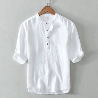 เวอร์ชั่นเกาหลีผ้าลินินผ้าฝ้ายธรรมดาคอกลมปุ่ม-เสื้อคาร์ดิแกนหน้าอกเสื้อแขนสั้นติดตั้งทํางานด้านบนของผู้ชาย