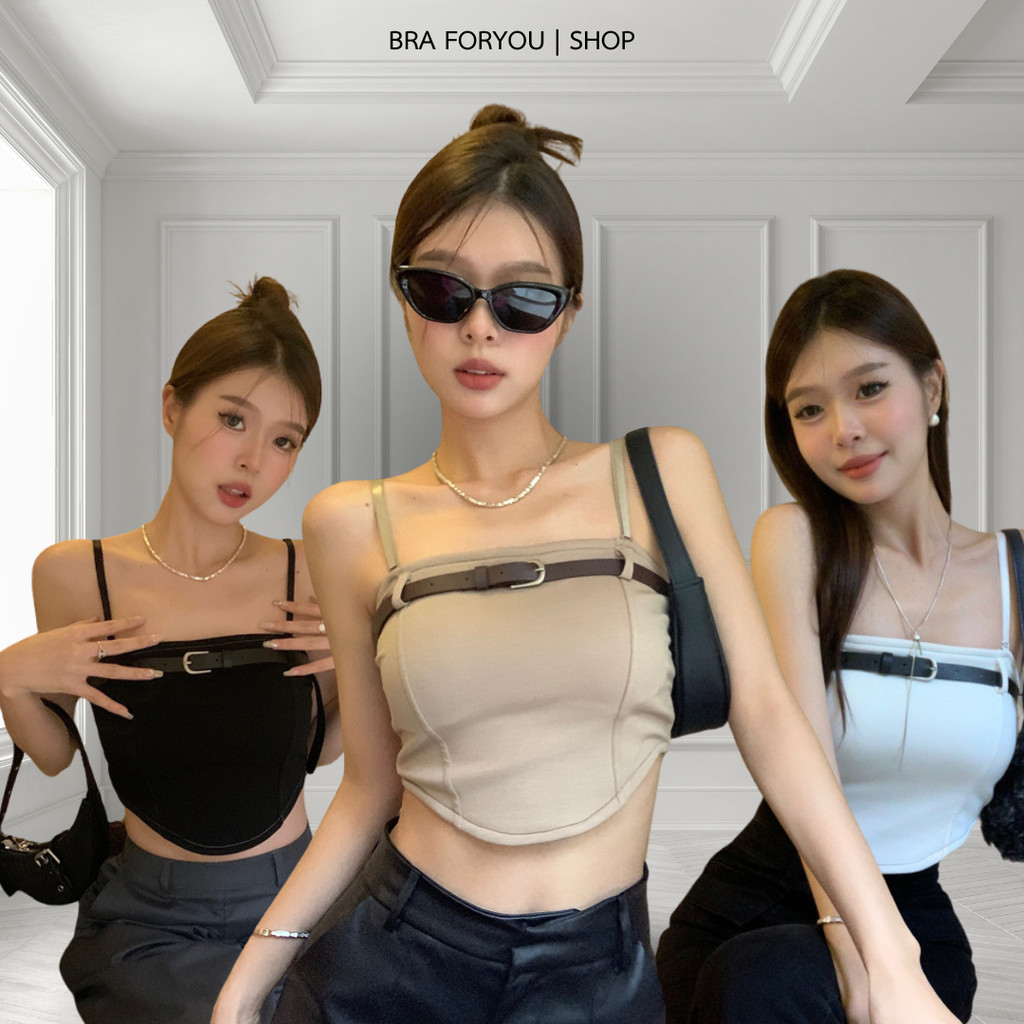 Bra Foryou สายเดี่ยวเกาะอกแต่งเข็มขัด【313】สายฟอ มีฟองน้ำในตัว 4 สี เสื้อผ้าผู้หญิง