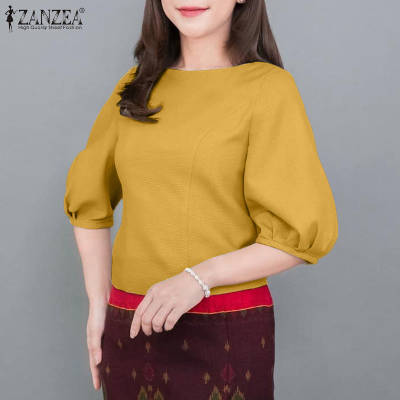 ZANZEA เบลาส์สำหรับผู้หญิง สไตล์เกาหลี แขน3/4 คอกลม สีพื้น — صورة 5