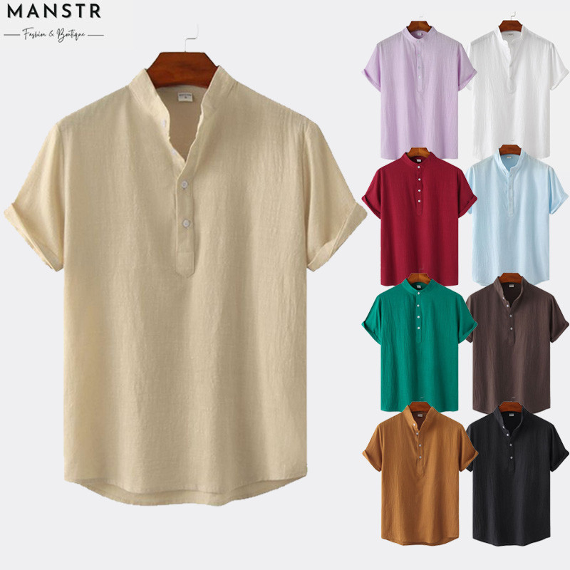ผู้ชายสบายๆสีทึบแขนสั้นเสื้อเสื้อสวมหัวผ้าลินินยืนปกซัมเมอร์บีชเสื้อพื้นฐานสีน้ําตาลสีกากีสีฟ้าGreenCoffeeสีขาวสีดํา – โปรปัง