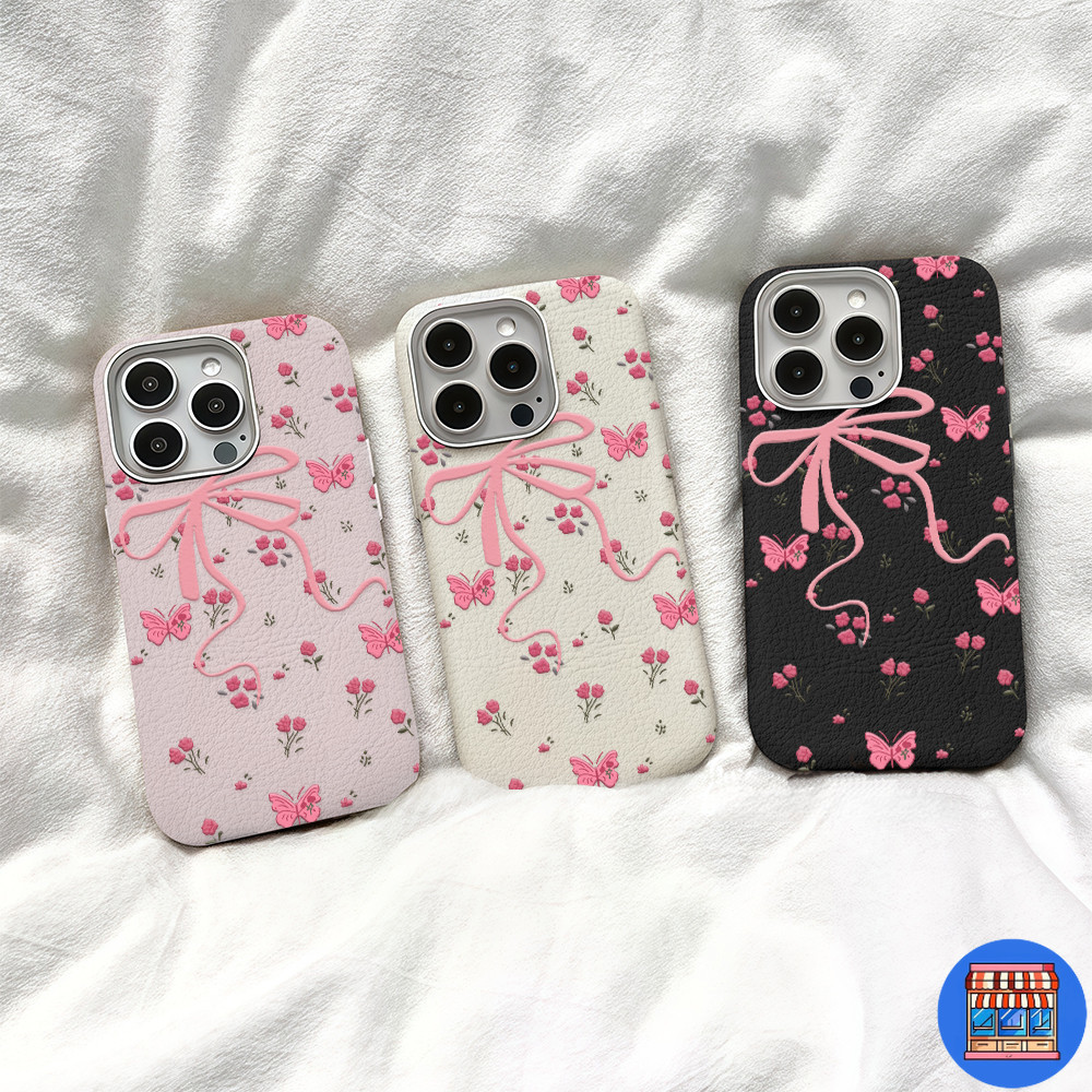 ส่งจากไทย เคสสำหรับไอโฟน15 ลายโบว์ดอกไม้ชมพูสวย เคสแบบพื้นผิวหนังFor IPhone16 15 13 11Pro 8 7 6Plus Promax X XS XR SE2/3