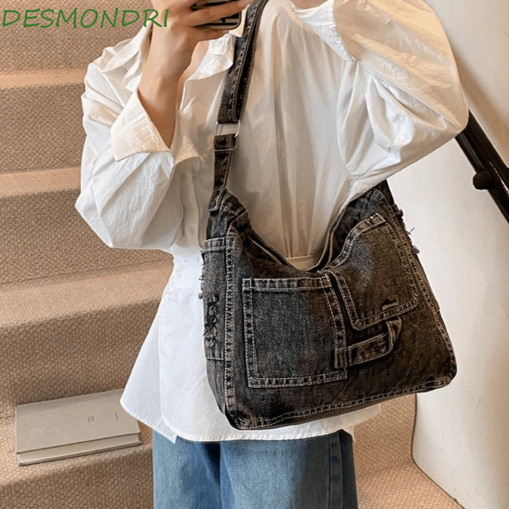 กระเป๋าสะพายผ้ายีนส์ DESMONDRI ทรงวินเทจ Hobo ความจุมาก อเนกประสงค์ มีซิป Cross Body Satchel