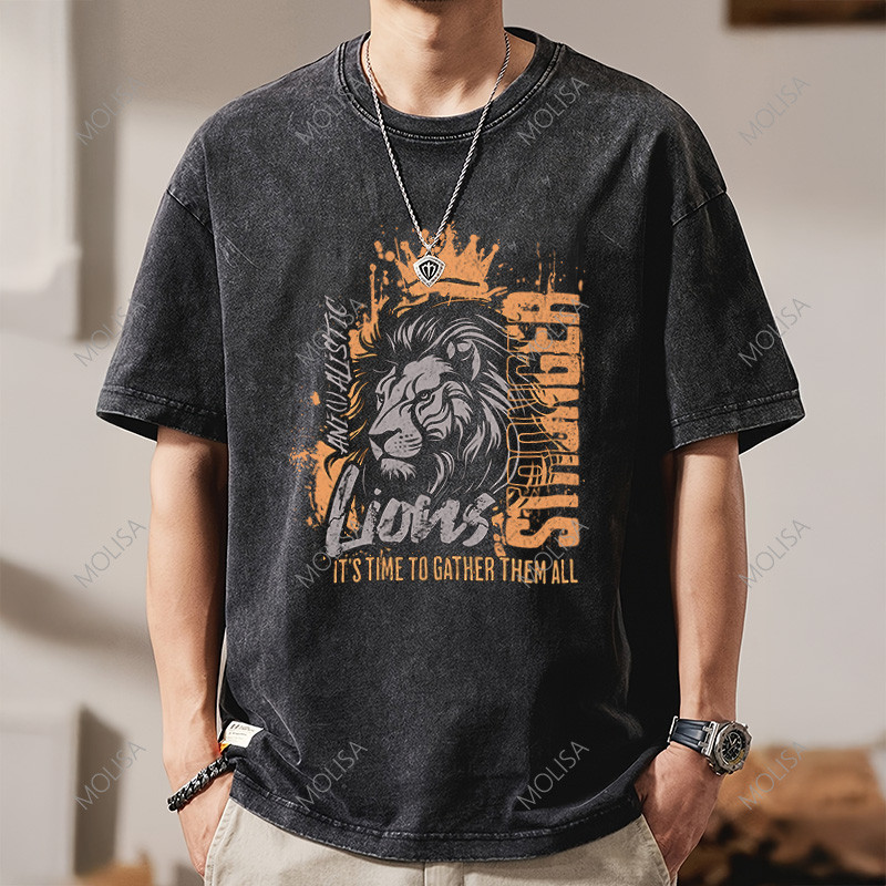 Molisa Oversize T shirt Lions เสื้อแขนสั้น ผ้าฟอก เสื้อผู้ชาย สกรีนเสื้อ DTG ผ้าคอตตอน 100% 68172#