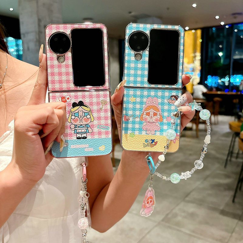 เคสโทรศัพท์แบบพับได้สําหรับOppo Find N2 N3 Flip พลิกหนังelectroplated Checkered Cryingสร้อยข้อมือเด็กHard TPUเคสโทรศัพท์