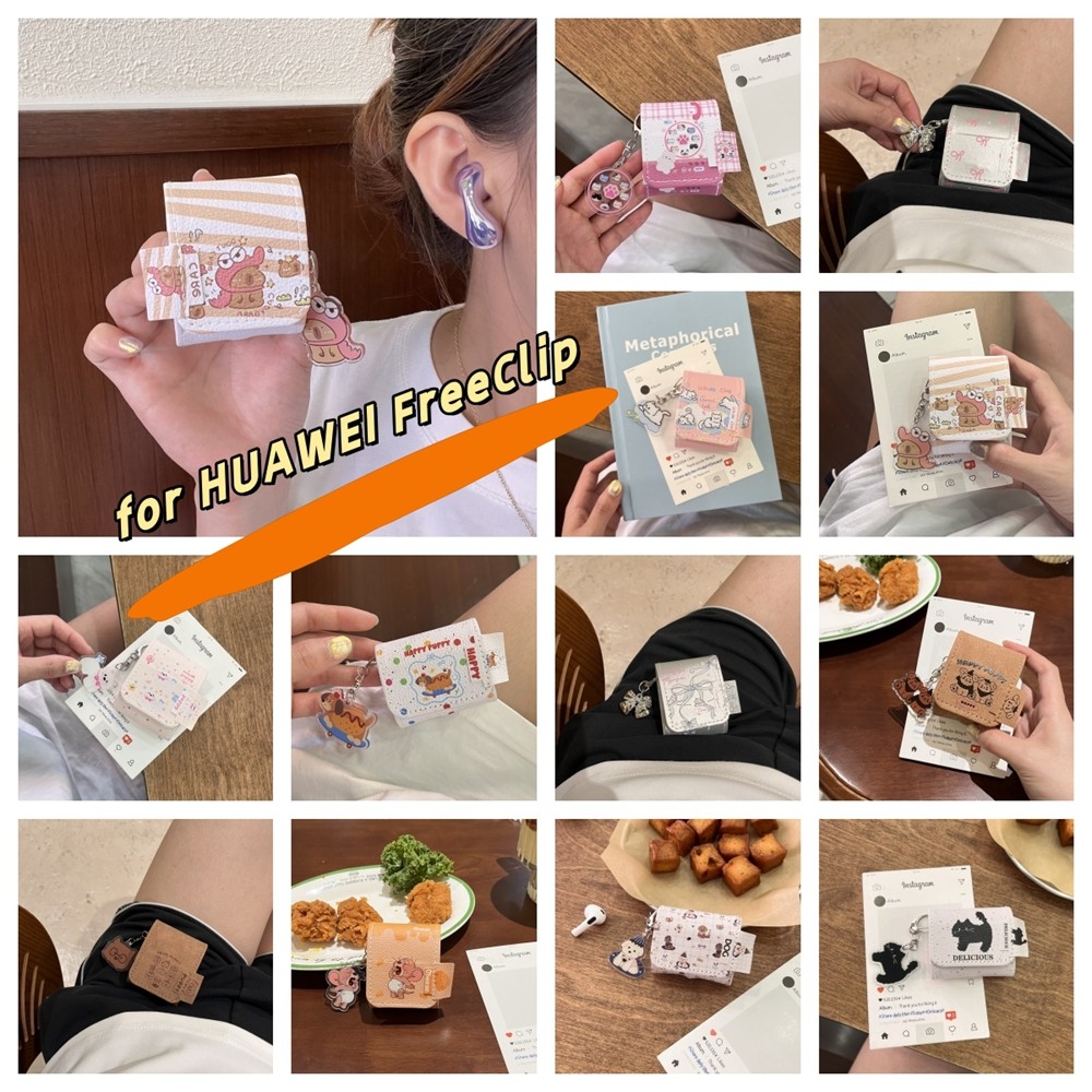 คู่น่ารักเคสป้องกันการหล่นสําหรับ Huawei FreeClip PU พร้อมจี้หูฟังปลอกสําหรับ Huawei FreeClip Cover