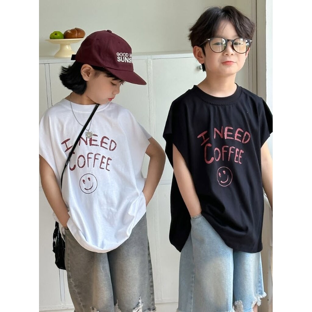 LLT-33 เสื้อยืดแขนล้ำสกรีนลาย I NEED COFFEE ด้านหลังสกรีนลายหน้ายิ้มตรงแขน เก๋มาก ๆ มี 2 สี (ขนาด 90-150)