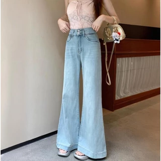 S-6XL กางเกงยีนส์ขาบานสไตล์อเมริกันสำหรับผู้หญิง ขาบาน เอวสูง ทรงเกือกม้า กางเกงขายาวเข้ารูปและหลวม