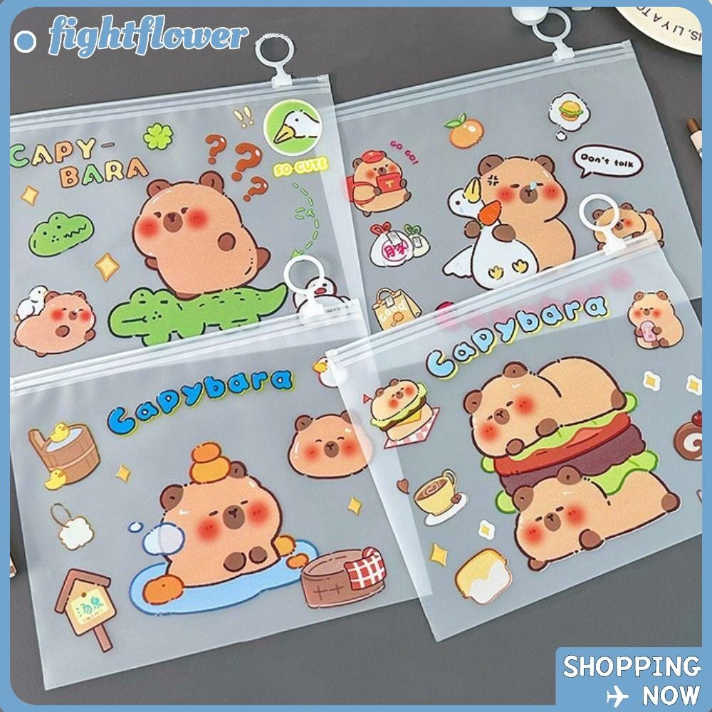 FIGHT Test Paper Storage Pouch, Transparent PVC Capybara File Bag, Large Opening Light Portable Zip 