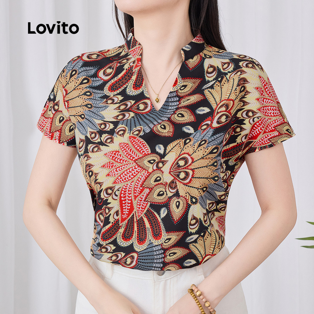 (New) Lovito เสื้อบาหลีพับได้ แขนสั้น ฤดูใบไม้ผลิ/ฤดูร้อน สำหรับผู้หญิง L142ED448