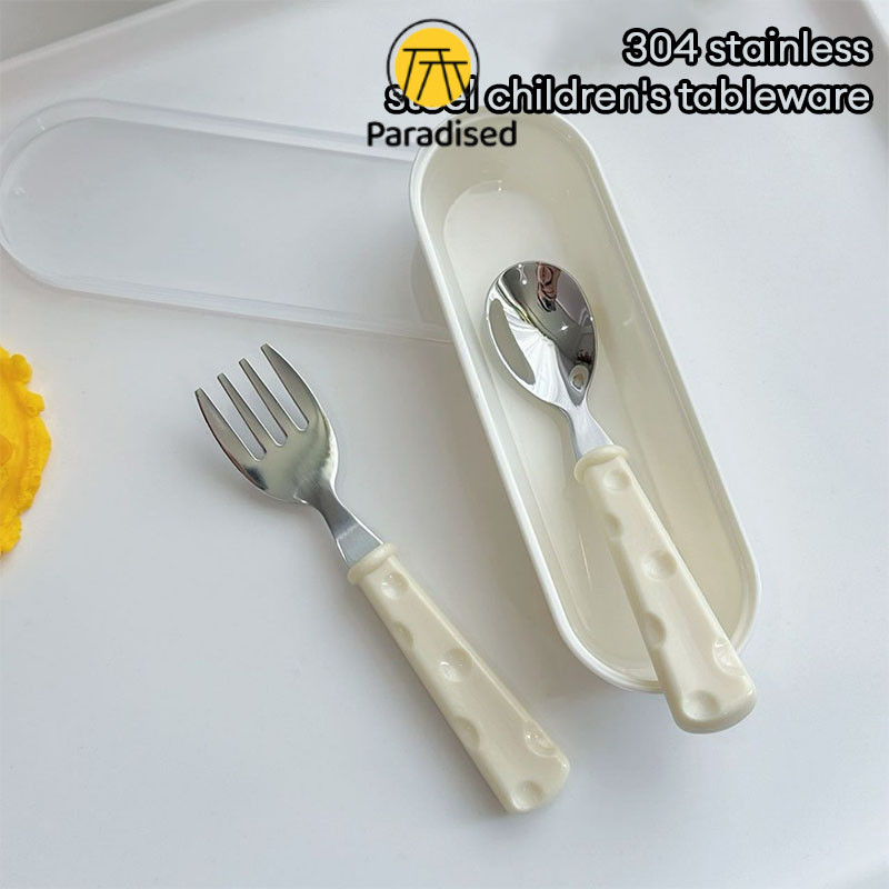 PAอุปกรณ์ทานอาหารสำหรับเด็กสแตนเลสแบบพกพาสำหรับใช้ในบ้าน ส้อมและช้อนอาหารเด็กน่ารัก