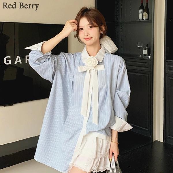 Red Berry เสื้อเชิ้ตแขนยาวลายดอกไม้สามมิติสไตล์ฝรั่งเศสโรแมนติกฤดูใบไม้ผลิใหม่ปี W636