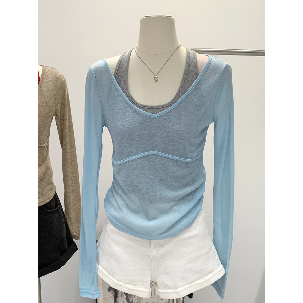 เสื้อยืดผู้หญิงสไตล์เกาหลีบริสุทธิ์ คอวี แบบโปร่งบาง กันแดดร้อน ในฤดูใบไม้ผลิและฤดูร้อน