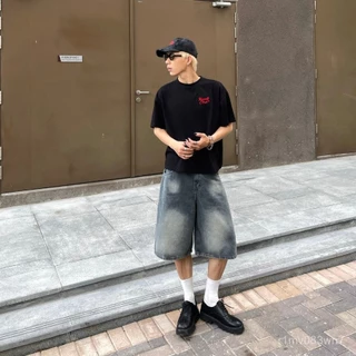 Karants แบรนด์ระดับนานาชาติ เสื้อยืด Cropped boxy cotton แท้ gsm ปักขนฟูสองด้าน KR207 Streetwear Hot Trend（แบบพิมพ์ลาย）