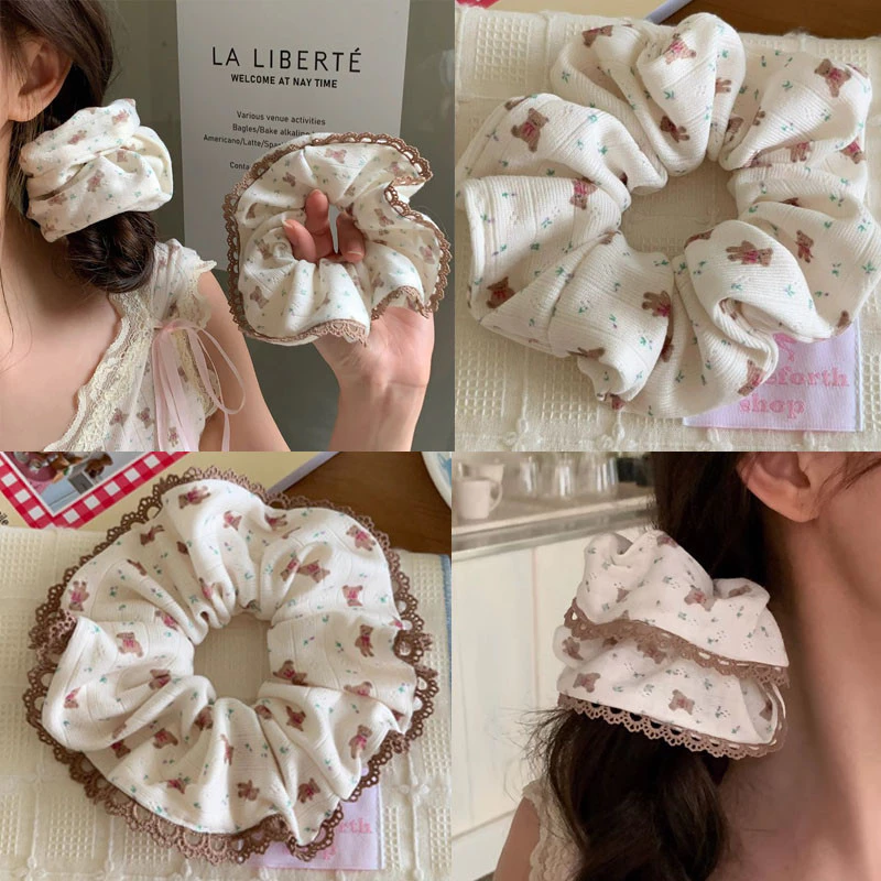 1 ชิ้นหมีสีกากีพิมพ์ผมผูกเชือกผม Scrunchies ยางผมหางม้าอุปกรณ์เสริมสําหรับสาวหวาน