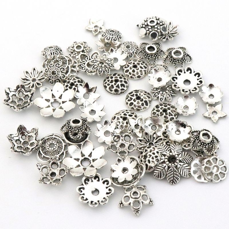 100pcs Big ผสมทิเบตเงินดอกไม้หลวม Spacer ลูกปัดหมวกสําหรับเครื่องประดับทําผลการค้นหาเย็บปักถักร้อย Diy อุปกรณ์เสริมขายส่ง