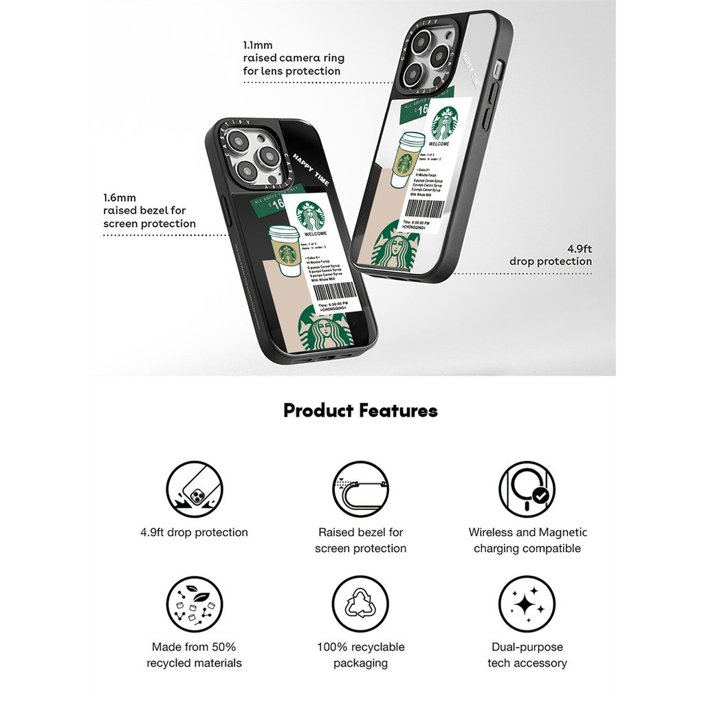 Casetify X สติกเกอร์ Starbucks แม่เหล็กดูด Black & Sliver กระจก Matte สีดํา IPhone กรณี IPhone 15 14 13 12 Pro Max Plus Hard กลับกรณีฝาครอบกล่องแกะสลักโลโก้