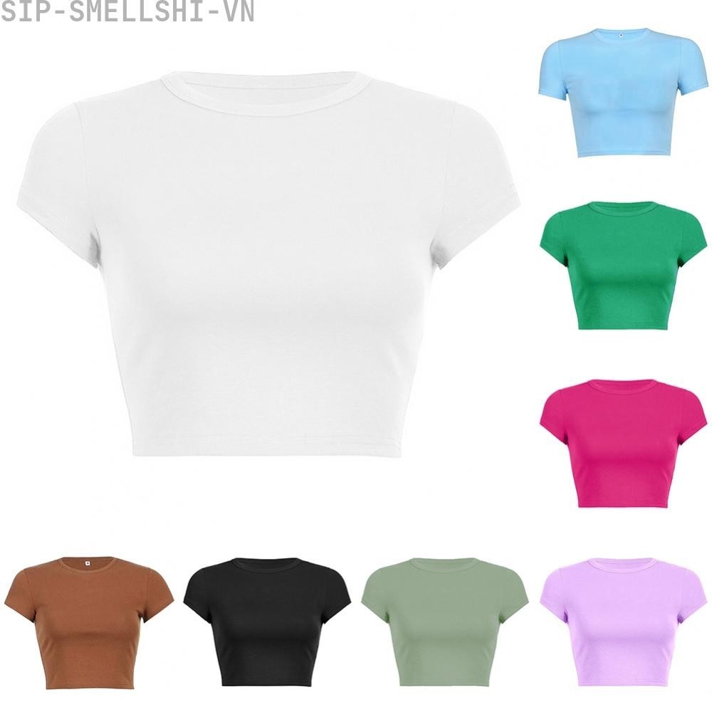 Tops ยี่ห้อใหม่ Casual Cotton Crew Neck Crop Top แฟชั่นความยาวปกติ