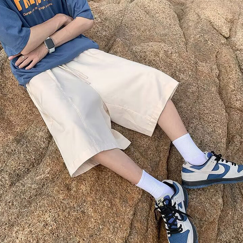 กางเกงขาสั้นทํางานลําลองขากว้างย้อนยุคอเมริกันสําหรับผู้ชาย กางเกงขากว้างทรงหลวมเอวสูงกระชับสัดส่วน