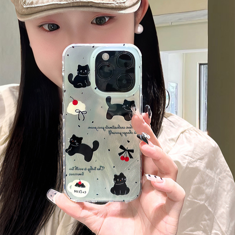 SAMSUNG น่ารักแมวดําglitterเคสโทรศัพท์สําหรับsamsung Galaxy S24 S23 S22 S21 Plus Ultra + S20 FE A73 A72 A71 A55 A54 A53 A52 A52s A51 5G 4Gการ์ตูนปลอกเชอร์รี่นุ่มTPU Anti-Fallกรณี